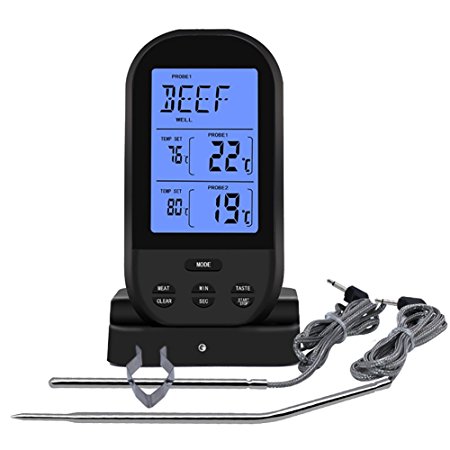 JINTOP Digital Meat Thermometer Wireless Remote Instant Read Food Cooking Thermometer Oven Safe Digital Dual Probe Thermometer for Grilling BBQ Barbecue Turkey Kitchen Smoker. (Black)