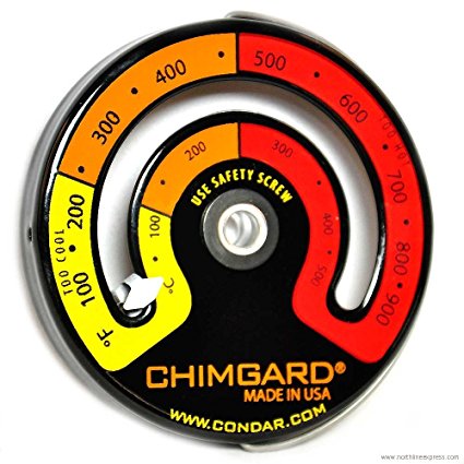 EXCITING EASY TO READ GRAPHICS. ChimGard® Energy Meter (3-4) Woodstove Thermometer. Durable genuine porcelain enamel with yellow, orange and red zones clearly indicated on black case.