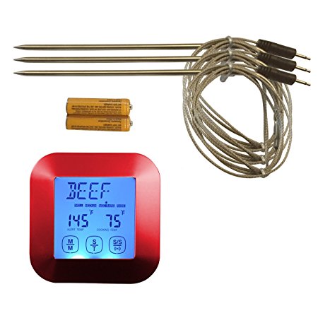 Great Digital Meat Food Thermometer - Instant Read with 3 Stainless Steel Temperature Probes for Cooking Food in Oven, BBQ, Smoker or Grilling Meat, Roasting Turkey & Candy, Red Kitchen Timer