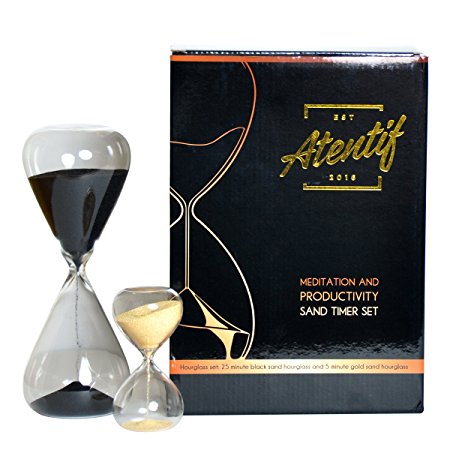 Atentif Hourglass Clock Timers—25 and 5 Minute—Black and Gold Sand—Productivity, Time Management, and Meditation Set—Pomodoro Technique—Office Zen