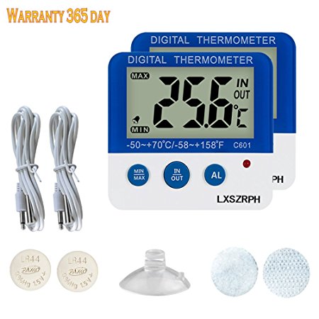 Freezer/Fridge Thermometer Alarm Max/Min Memory High & Low Temperature Alarms Settings with LED Indicator Refrigerator Thermometer with Magnet,Stander,Velcro 2 pack Nithing