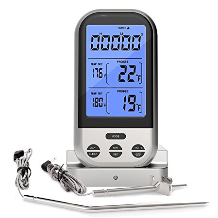 Meat Thermometer Wireless Remote Control – Rantizon Digital Food Thermometer for Cooking, Instant Read, Timer, Dual Probes Waterproof, Digital LCD, Free Oven Fixed Clip for BBQ Smoker Grill Kitchen