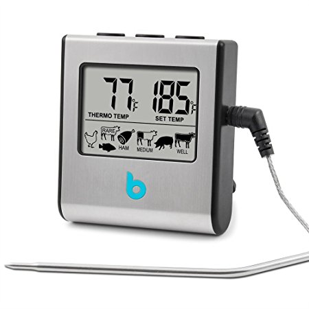 Updated Model! Professional Stainless Steel Digital Kitchen Meat Thermometer and Timer for Oven Grill BBQ Smoker with Stainless Steel Probe and Easy Read LCD Display