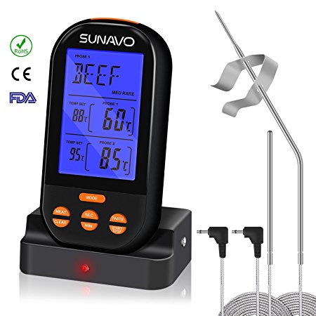 Sunavo Wireless Remote Cooking Meat Thermometer Digital with Large LCD and Timer Alarm for Grilling Oven Kitchen Smoker BBQ Grill with Dual Stainless Steel Temperature Probe