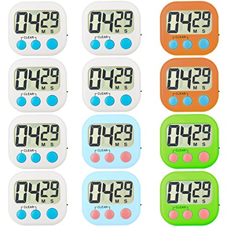 Kitchen Timer 12 Pack Small Digital Electronic Loud Alarm, Magnetic Backing, ON/OFF Switch, Minute Second Countdown, White, Green, Blue and Orange