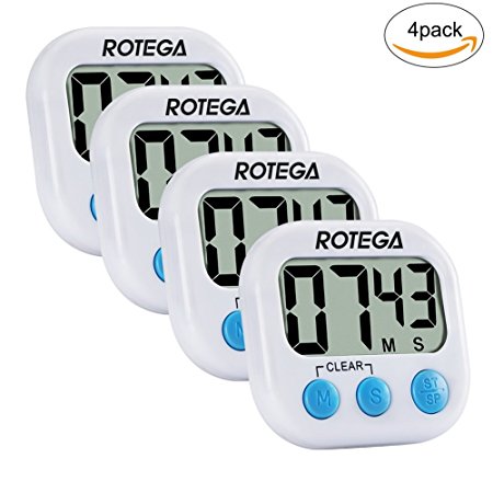 ROTEGA 4 Pack Upgraded Magnetic Digital Kitchen Cooking Timer Large LCD Display,Volume Adjustable,Auto Shutdown,Count-Down Up Clock, White