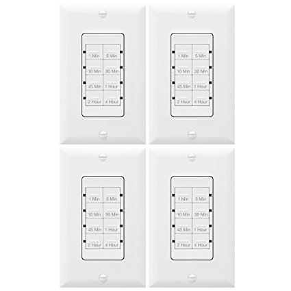 TOPGREENER TGT08-4-4PCS Wall Countdown Timer Switch, 1-5-10-30-45 min, 1-2-4 hour Delay Times, Light Switch Timer, 600W LED, 1/2Hp, Neutral Wire Required, Interchangeable Face Covers, 4-Pack